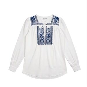 Saint Tropez West Embroidered Blouse Top White Blue Long Sleeve Boho Medium